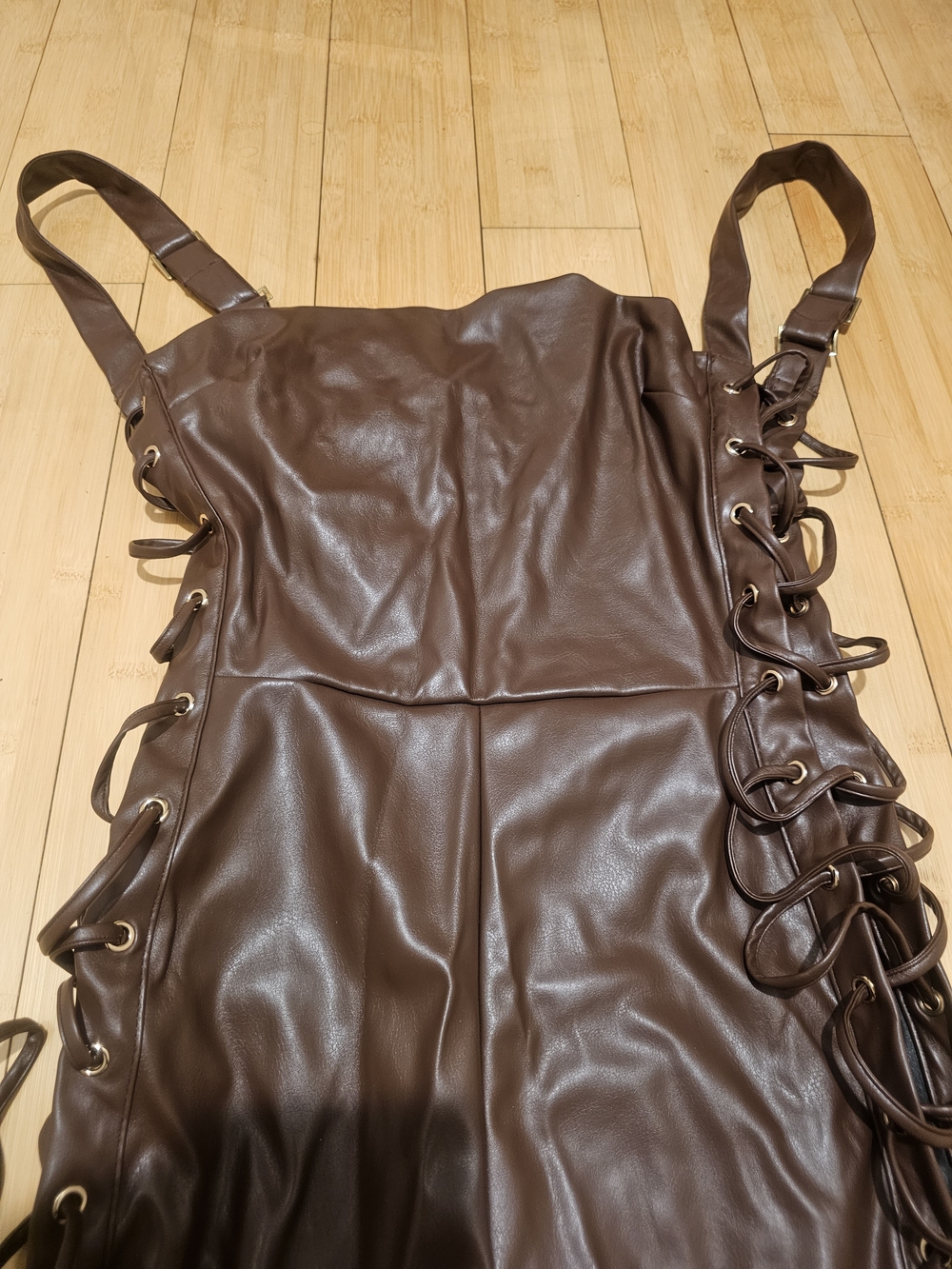 Brown Faux Leather Lace-Up Romper Jumpsuit